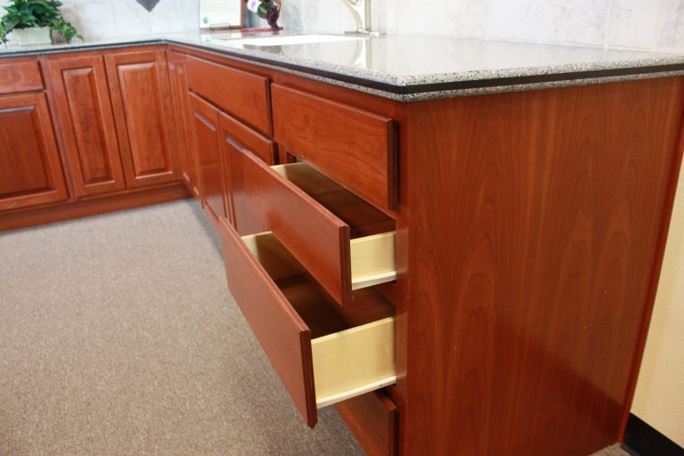 cabinets with open drawers
