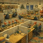 elves and santa in workshop
