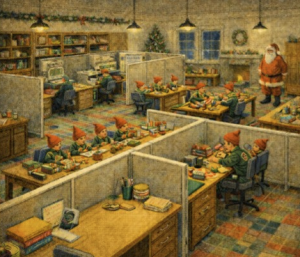 elves and santa in workshop