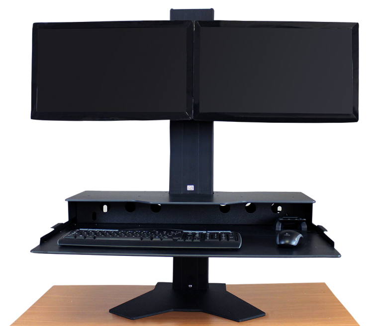 dual monitor set up on sit/stand hover desktop