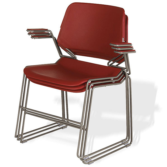 red plastic chair with arms
