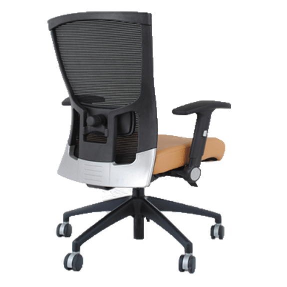 back side of mesh back office chair with orange seat