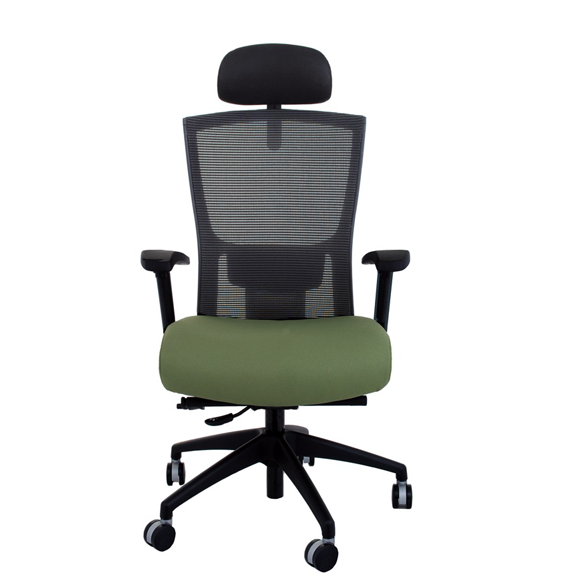 front view of mesh back office chair with headrest and green seat