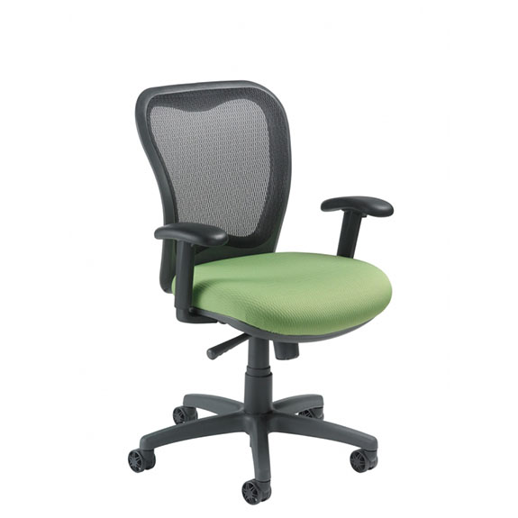 front view of mid-back office chair with green seat and mesh back