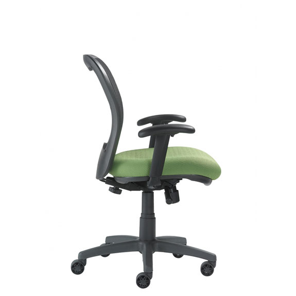 side view of mid-back office chair with green seat and mesh back