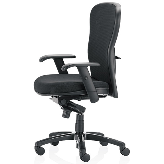 side view of black mesh back office chair, no headrest