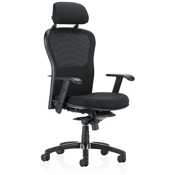 side view of black mesh back office chair, with headrest