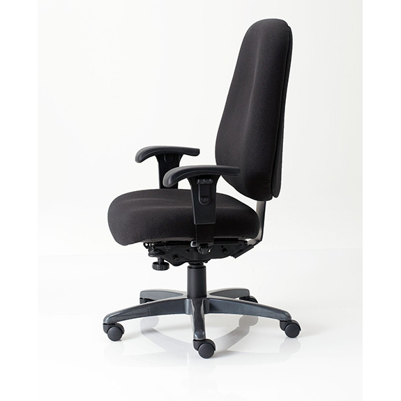 tall padded office chair in dark fabric side view